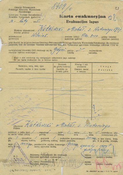 KKE 5316.jpg - Dok. Karta Ewakuacyjna wydana przez PKWN dla Michała Katkowskiego –syna Antoniego wraz z rodziną, Wilno, 10 II 1945 r.